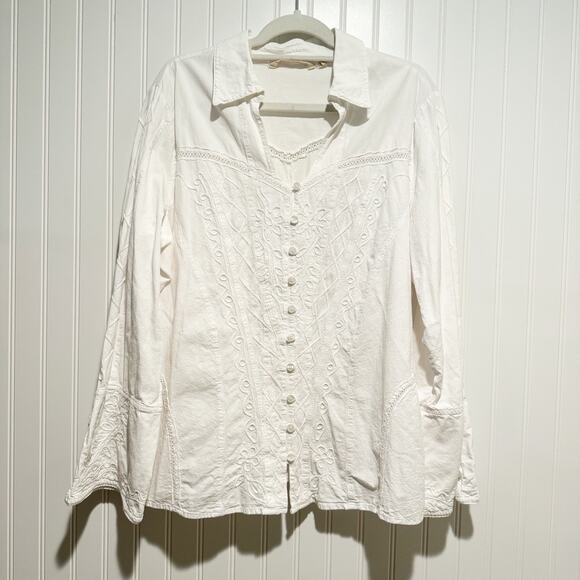 Soft Surroundings Tops - Soft Surroundings White Embroidered Boho Blouse Bell Sleeves Peruvian Cotton 1X